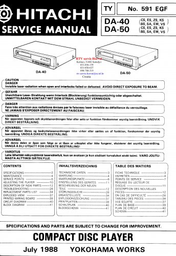 Hitachi  DA40 Music System Service Manual PDF download.