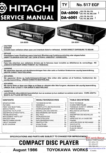 Hitachi  DA6001 Music System Service Manual PDF download.