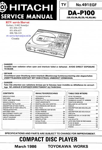 Hitachi  DAP100 Music System Service Manual PDF download.