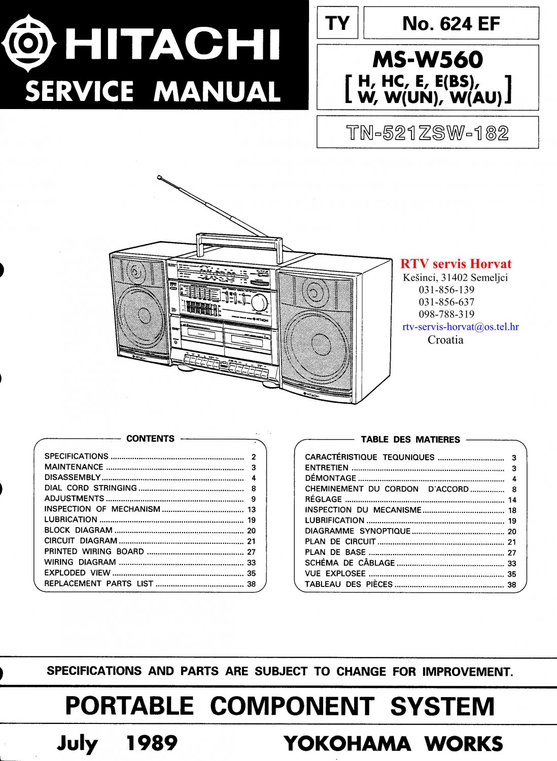 Hitachi MSW560 Music System Service Manual PDF download.