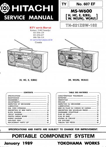 Hitachi  MSW600 Music System Service Manual PDF download.