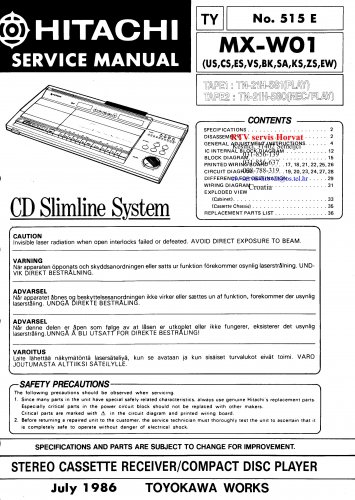 Hitachi  MXW01 Music System Service Manual PDF download.