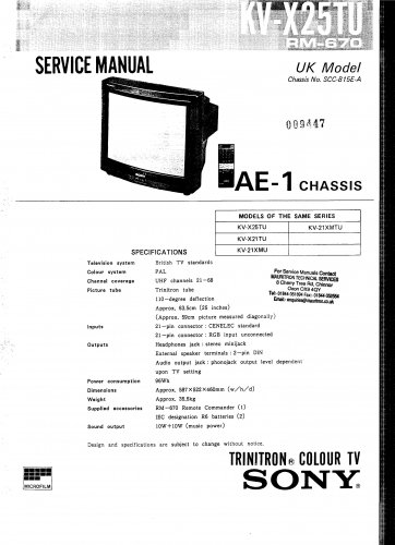 Sony AE1 CHASSIS Television Service Manual PDF download.