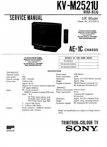 Sony KVA2512U. AE1C  Television Service Manual PDF download.