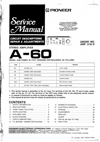 Pioneer A60  AMPLIFIER Service Manual PDF download.