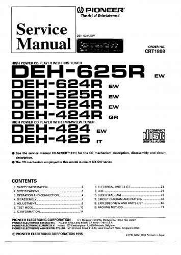 Pioneer DEH425  CD TUNER Service Manual PDF download.