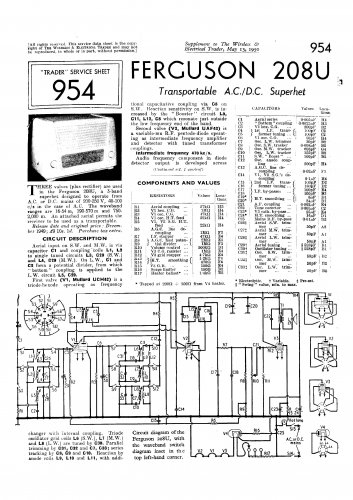 Ferguson 208U Vintage Audio Service Schematics PDF download.