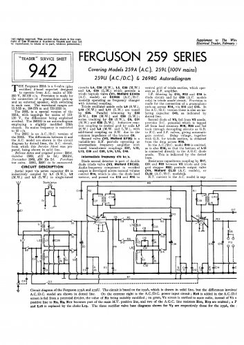 Ferguson 259RG Vintage Audio Service Schematics PDF download.