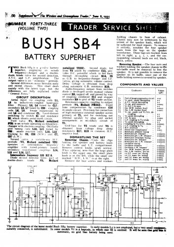 Bush SB4 Vintage Wireless Service Schematics PDF download.