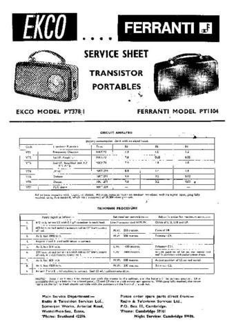 EKCO PT378 Equipment Service Information by download #90233