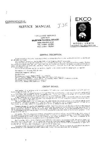 EKCO UAW78 Equipment Service Information by download #90399
