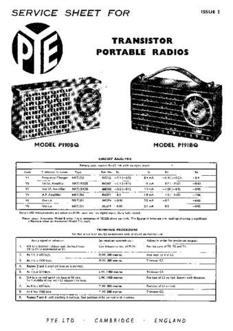 PYE P191BQ Vintage Service Information  by download #92041
