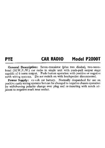 PYE P2000T Vintage Service Information  by download #92042