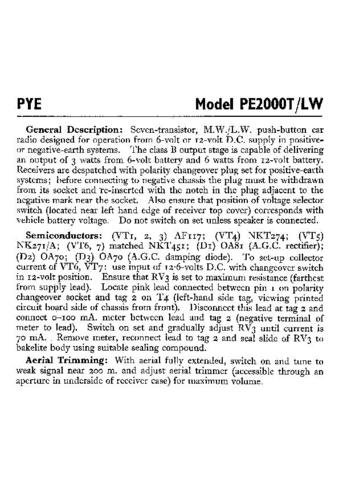 PYE PE2000T Vintage Service Information  by download #92083