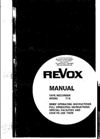 REVOX A77A Tape Recorder Operating Guide by download #92126