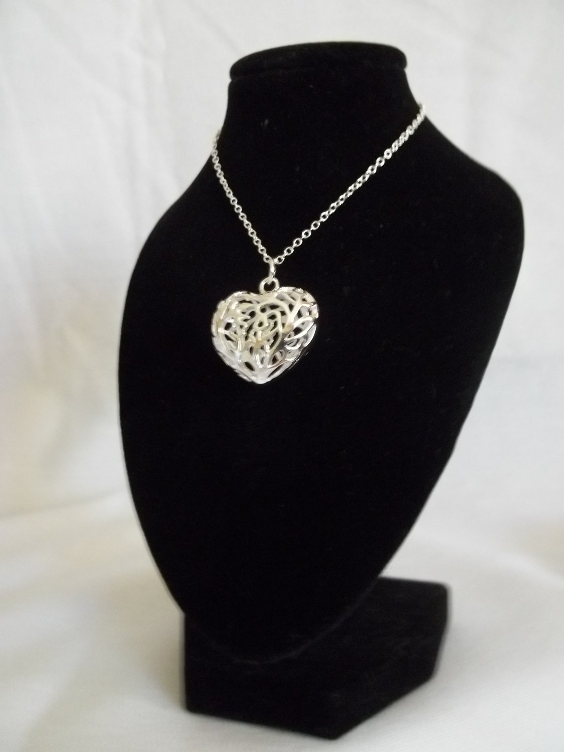 Silver Filigree Puff Heart 3-D Pendant with Silver Necklace 18''