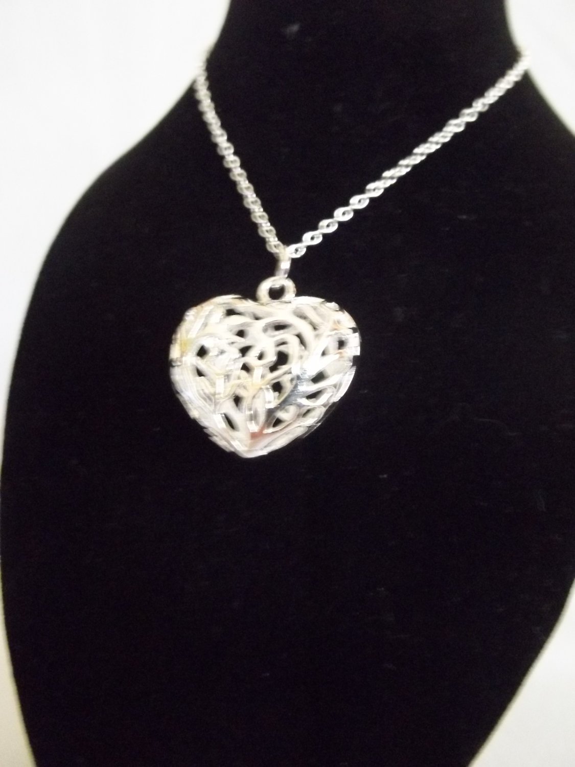 Silver Filigree Puff Heart 3-D Pendant with Silver Necklace 18''