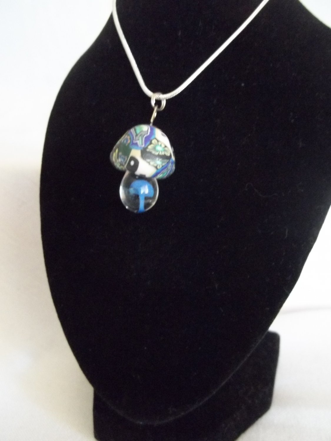 Blue Mushroom Glass Pendant & Suede Necklace