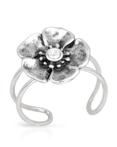 Silver Flower Toe Ring with Genuine Crystals