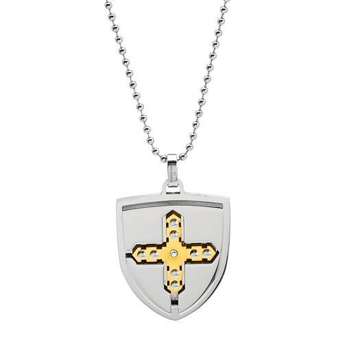 Men's two toned shield and cross pendant with chain