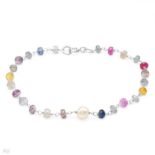 Genuine Multi Colored Sapphires and Freshwater Pearl Bracelet
