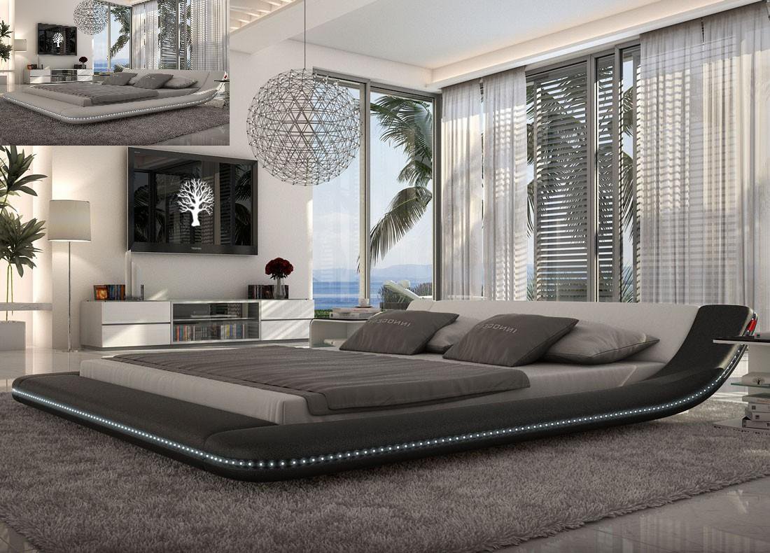 Modern Black Platform Bed with LED Lighting