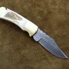 Classic Damascus Folding Blade Knife & Natural Stag Horn Handle+Genuine Leather Sheath