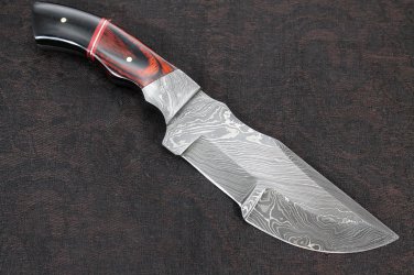 128FI Full Tang Damascus Steel Fixed Blade Knife and Dollar Wood and Bull Horn with Leather Sheath