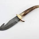 Rare HandMade Stag Horn Handle Damascus Steel Blade Knife + Hand Made Leather Sheath 170FIS