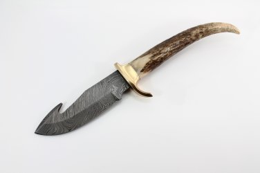 Rare HandMade Stag Horn Handle Damascus Steel Blade Knife + Hand Made Leather Sheath 170FIS