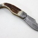 88FO Rare Stag Horn Handle Damascus Steel Folding Knife + Thick Leather Sheath