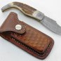 88FO Rare Stag Horn Handle Damascus Steel Folding Knife + Thick Leather Sheath