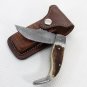 88FO Rare Stag Horn Handle Damascus Steel Folding Knife + Thick Leather Sheath