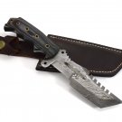 Full Tang Damascus Steel Hand Made Fixed Blade Knife + Genuine Leather Sheath