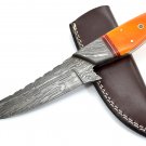 PRIH3 Full Tang Damascus Steel Boade Knife + Leather Sheath