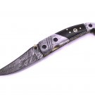 FO 134 HandMade Damascus Steel Folding Knife + Buffalo Horn & Mosaic on Handle+Leather Sheath
