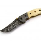 FO 157 HandMade Damascus Steel Folding Knife + Camel Bone on Handle+Leather Sheath 166 FOB