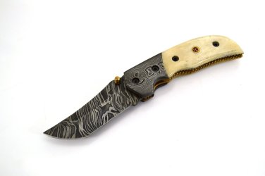 FO 157 HandMade Damascus Steel Folding Knife + Camel Bone on Handle+Leather Sheath 166 FOB
