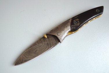 191 FO Damascus Folding Blade with Damascus Bolsters & Bull Horn and Leather Sheath