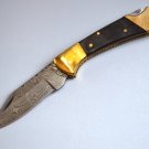 194 FO Damascus Folding Blade with Bull Horn & Brass Bolsters and Leather Sheath