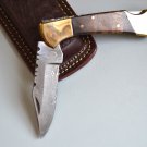 196 FO Damascus Folding Blade with Walnut Wood & Brass Bolsters and Leather Sheath