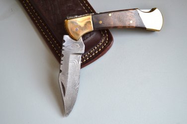 196 FO Damascus Folding Blade with Walnut Wood & Brass Bolsters and Leather Sheath