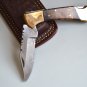 196 FO Damascus Folding Blade with Walnut Wood & Brass Bolsters and Leather Sheath