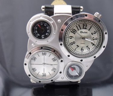 1pcs Men  Watch Four Sliver Dial Black PU strap six-pin Quartz watches OU03