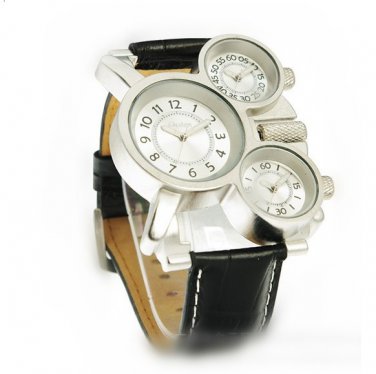 Men Watch Deluxe Quartz GMT time watches Leather Strap OU10