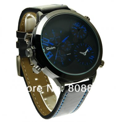 1pcs Large dial men Oulm Quartz watch black leather Strap OU26