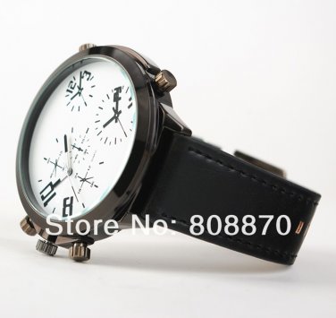 1pcs Large dial men Oulm Quartz watch black leather Strap OU26