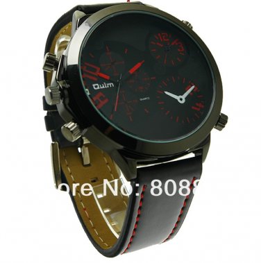 1pcs Large dial men Oulm Quartz watch black leather Strap OU26