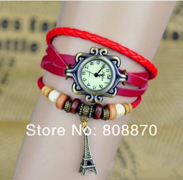 1pcs Ladies' Eiffel Tower Pendant Leather Strap Quartz bracelet watch SSL24