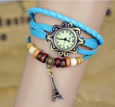 1pcs Ladies' Eiffel Tower Pendant Leather Strap Quartz bracelet watch SSL24